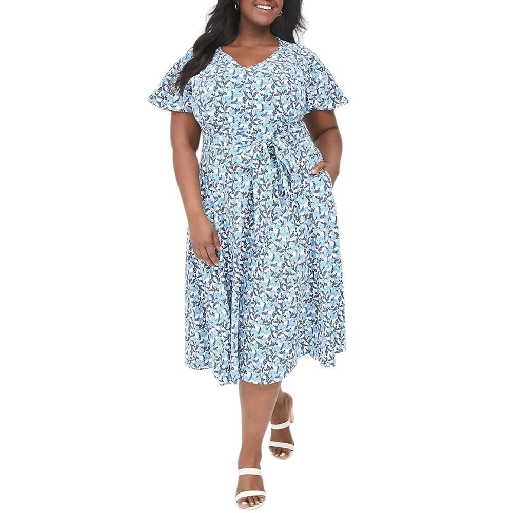 Lane Bryant Blue Floral Blue/White Lena V-Neck Midi Dress Size 14